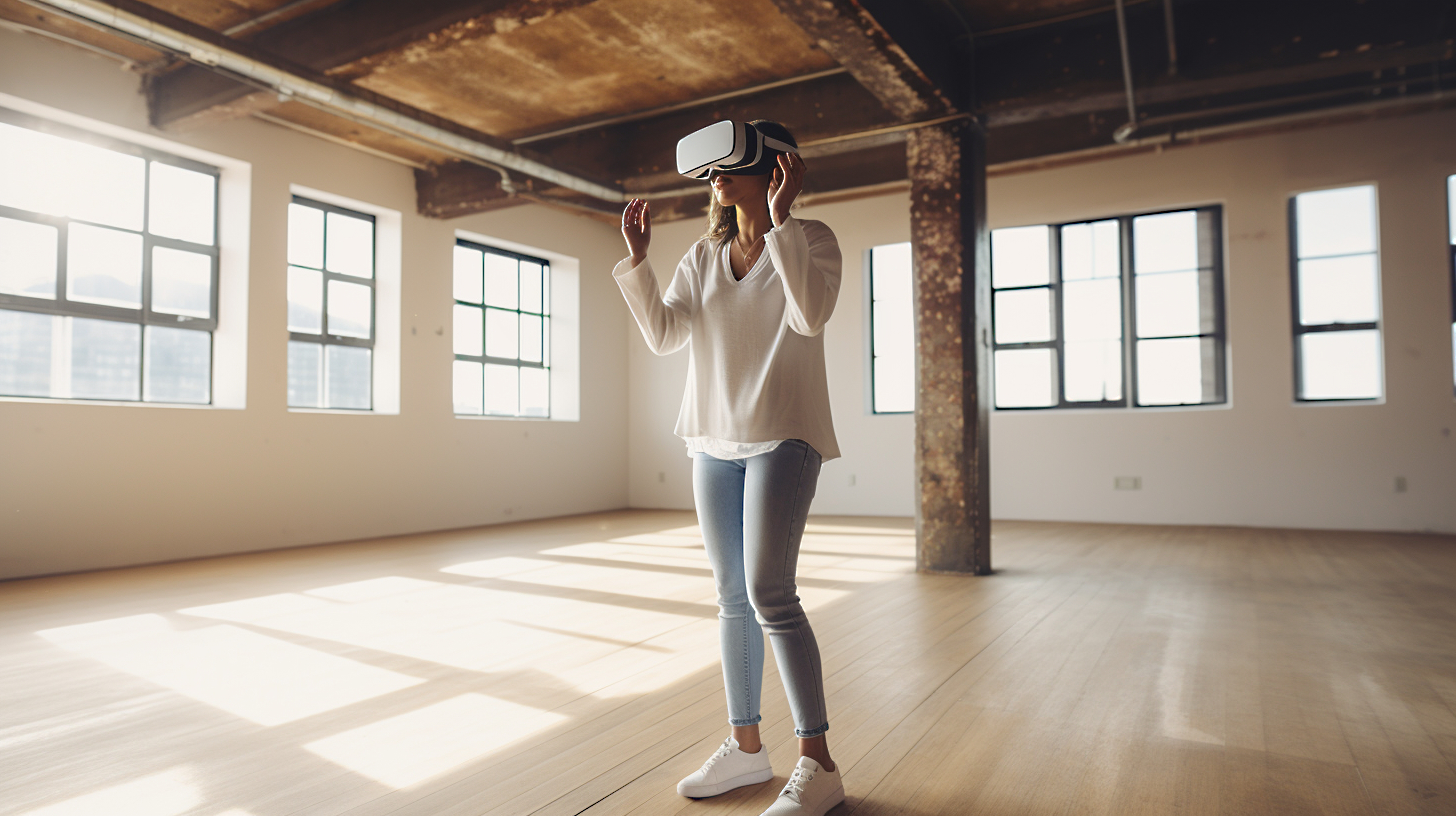 Eine junge Frau steht mit VR Brille in einem großen, leeren Loft