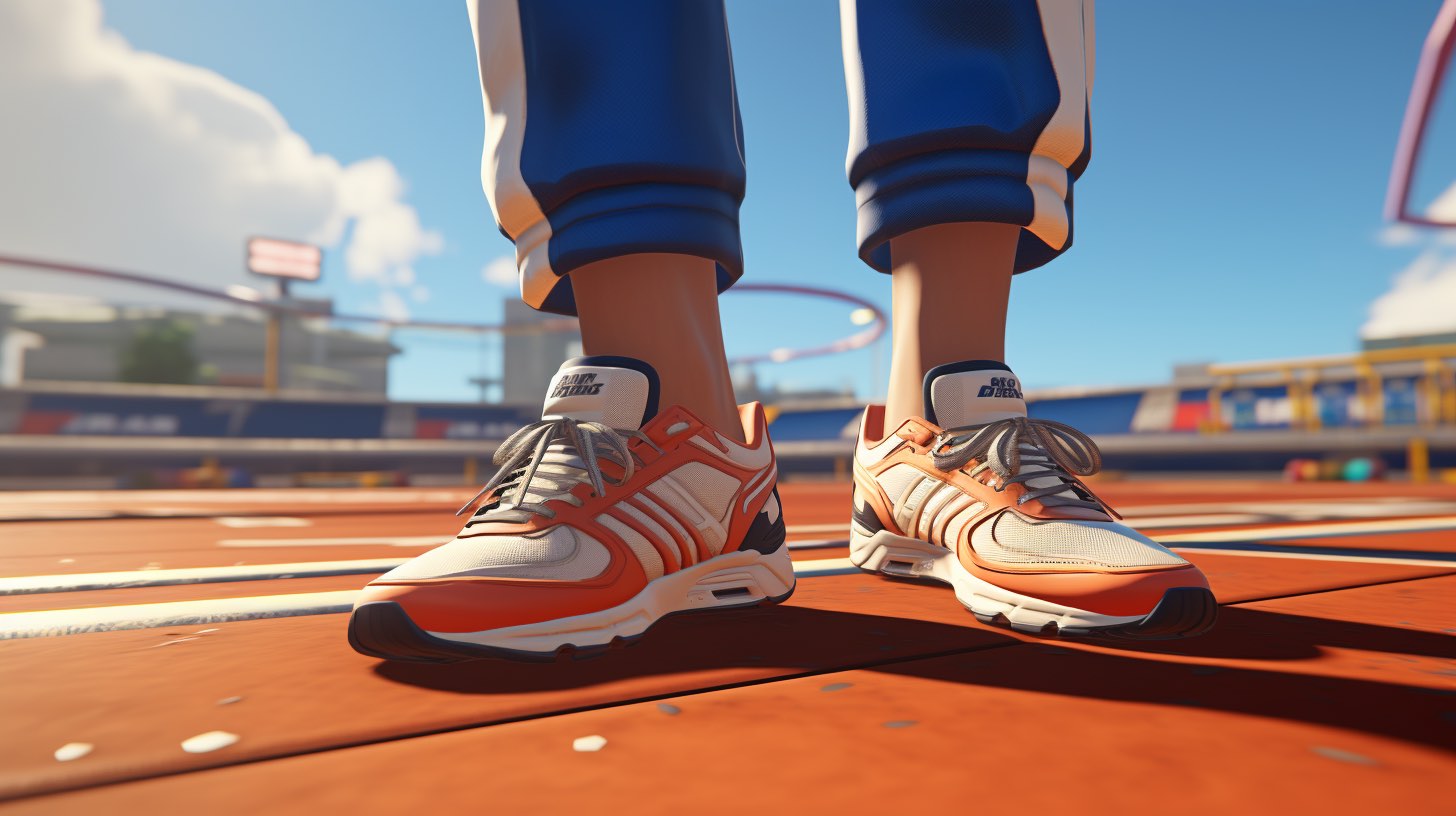 Schuhe und Beine eines Cartoon-Charakters in einem Sportspiel