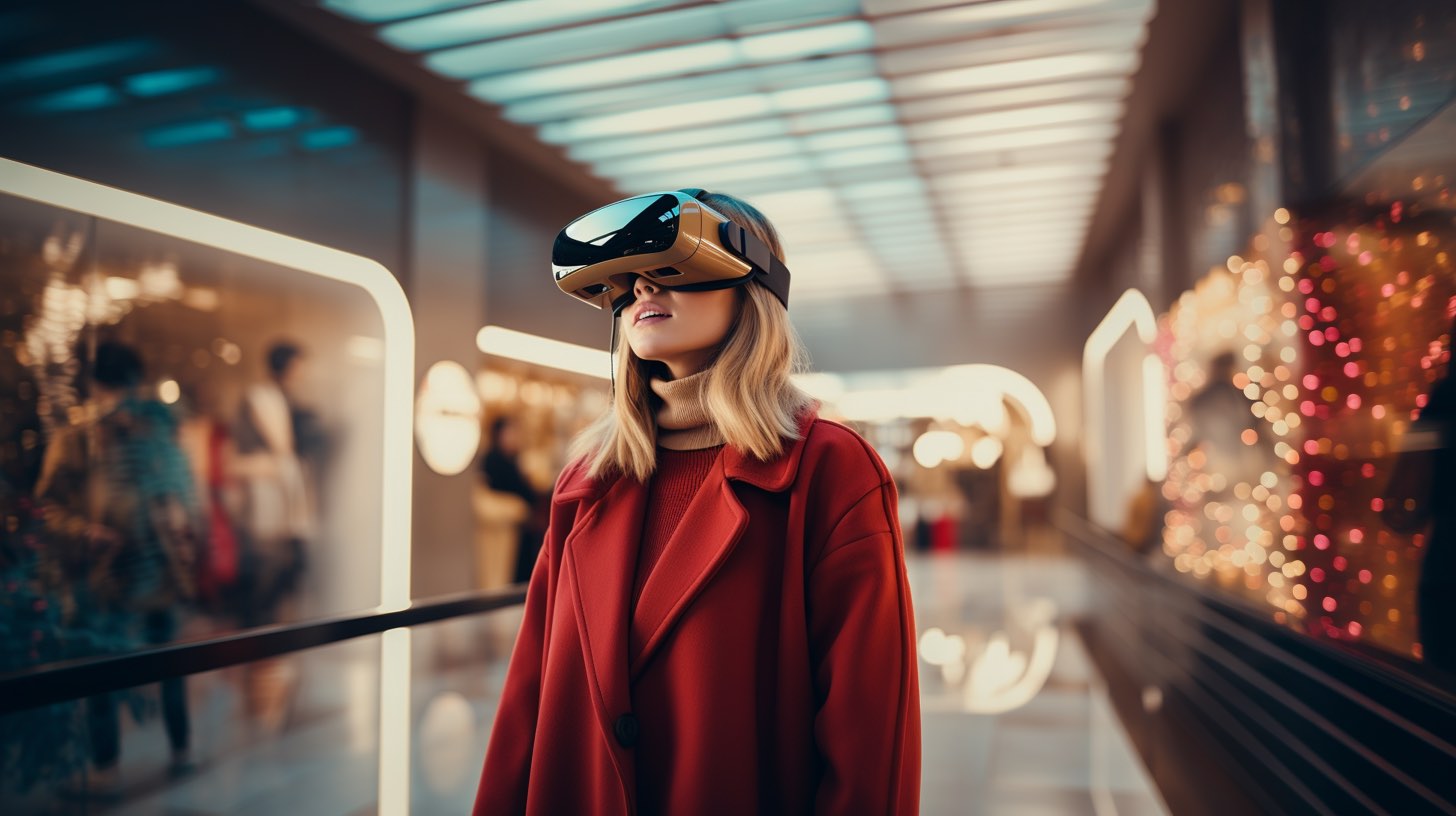 Eine junge Frau steht mit VR Brille in einem Einkaufszentrum